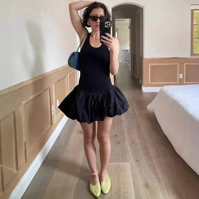 Black Friday Joskaa Fashion Knitted Vest Patchwork Dress For Women Sleeveless High Waisted Backless Solid Color Folds Summer Commuting Dress