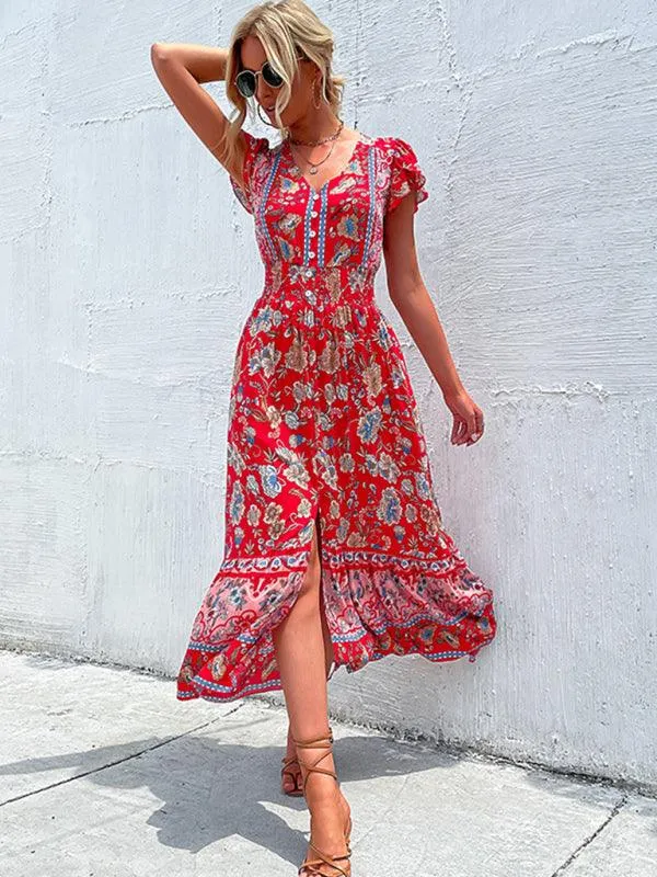 Boho Chic Floral V-Neck Rayon Dress with Slit for Women