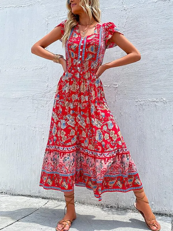 Boho Chic Floral V-Neck Rayon Dress with Slit for Women