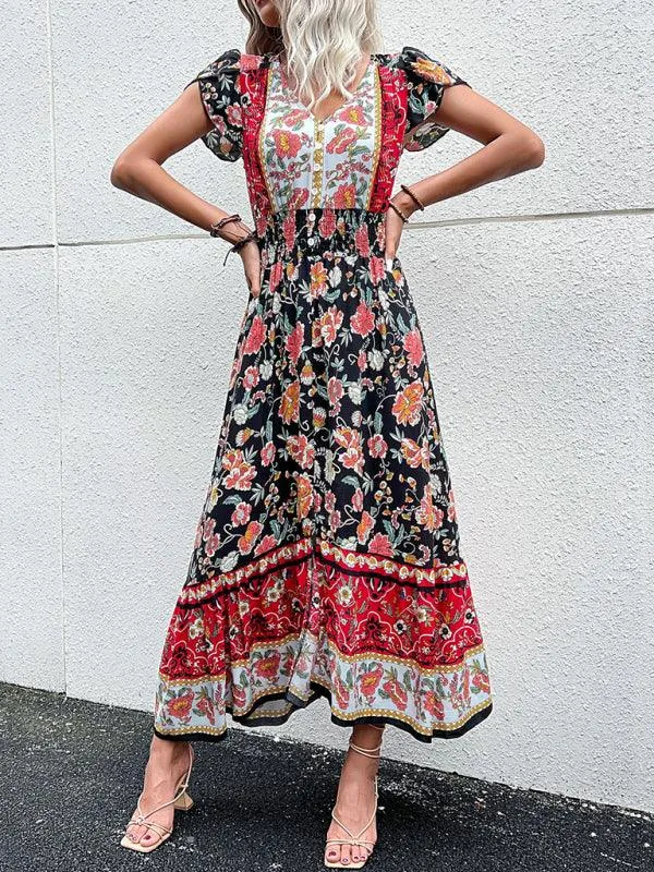 Boho Chic Floral V-Neck Rayon Dress with Slit for Women