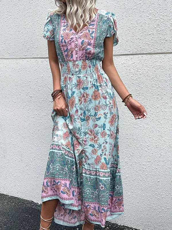 Boho Chic Floral V-Neck Rayon Dress with Slit for Women