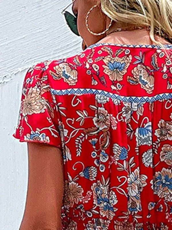 Boho Chic Floral V-Neck Rayon Dress with Slit for Women