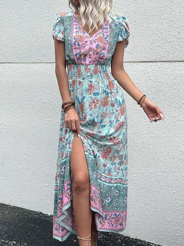 Boho Chic Floral V-Neck Rayon Dress with Slit for Women