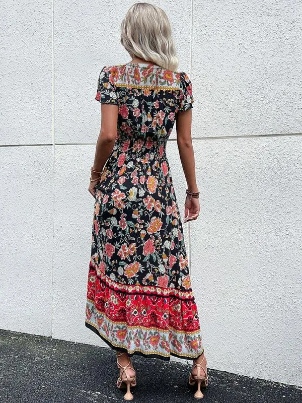 Boho Chic Floral V-Neck Rayon Dress with Slit for Women