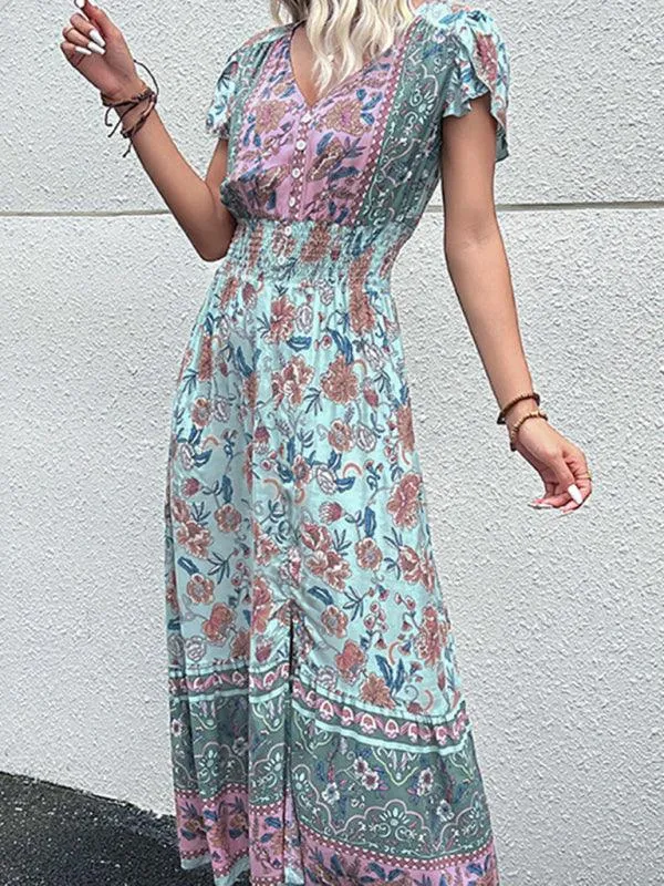Boho Chic Floral V-Neck Rayon Dress with Slit for Women