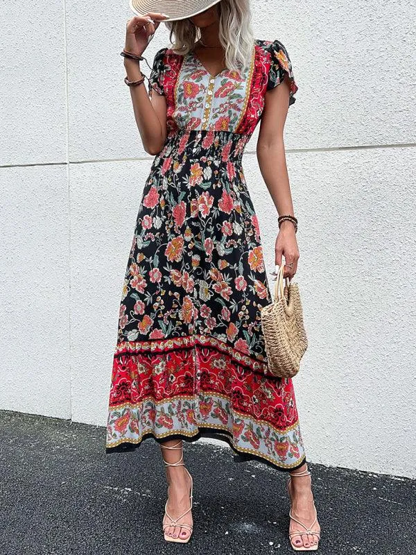Boho Chic Floral V-Neck Rayon Dress with Slit for Women