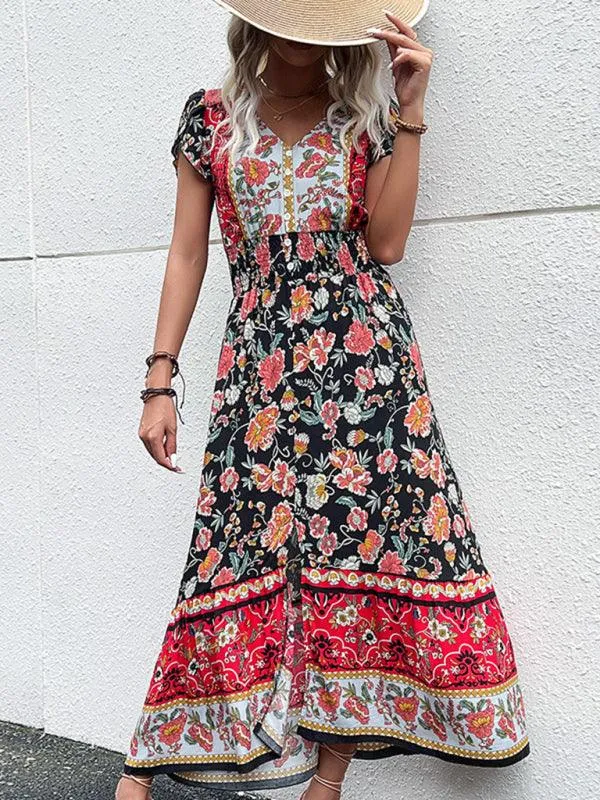 Boho Chic Floral V-Neck Rayon Dress with Slit for Women