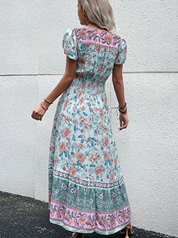 Boho Chic Floral V-Neck Rayon Dress with Slit for Women