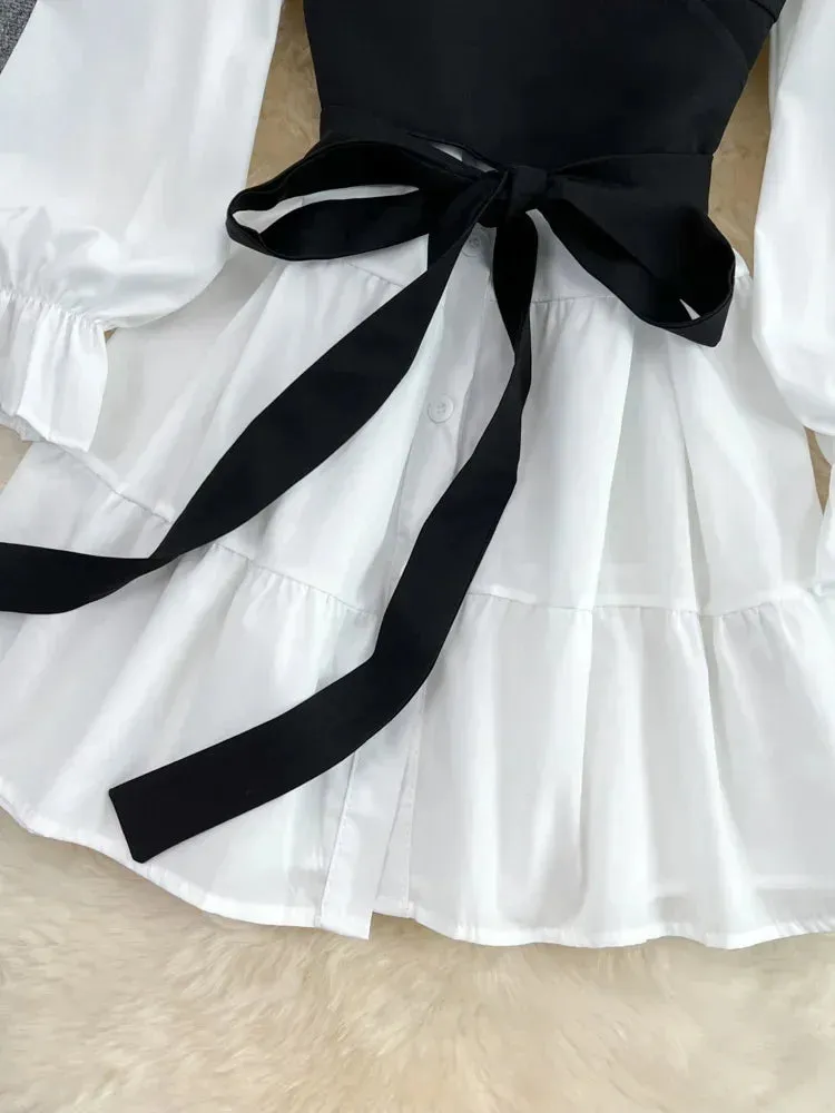 Bonnyshow Spring Autumn New Fashion Casual Suit Female Korean Loose White Shirt Dress Slim Vest Dress Two-piece Set GD786