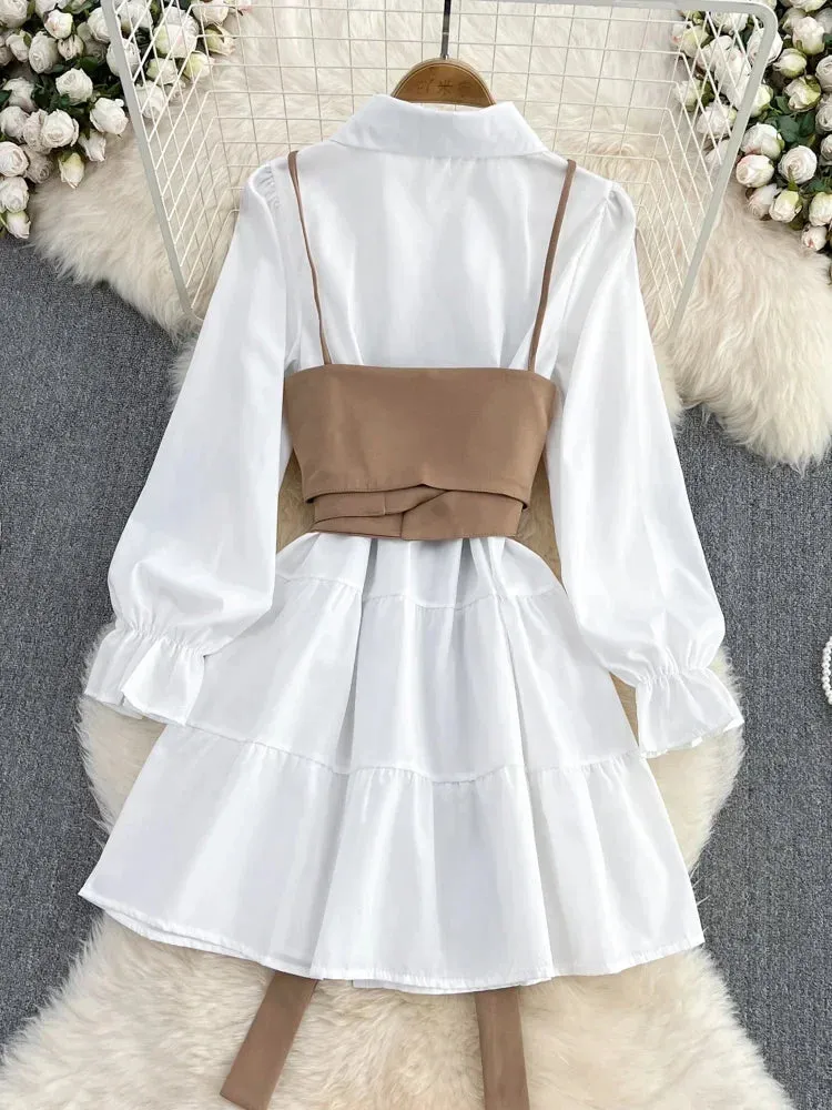 Bonnyshow Spring Autumn New Fashion Casual Suit Female Korean Loose White Shirt Dress Slim Vest Dress Two-piece Set GD786