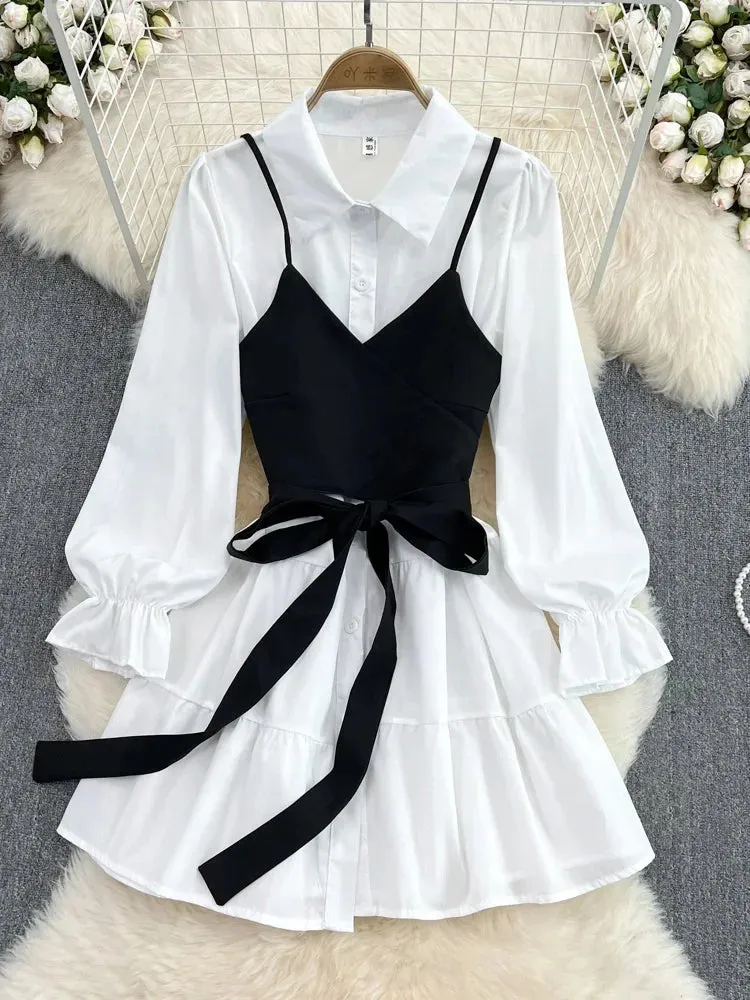 Bonnyshow Spring Autumn New Fashion Casual Suit Female Korean Loose White Shirt Dress Slim Vest Dress Two-piece Set GD786
