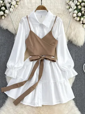 Bonnyshow Spring Autumn New Fashion Casual Suit Female Korean Loose White Shirt Dress Slim Vest Dress Two-piece Set GD786