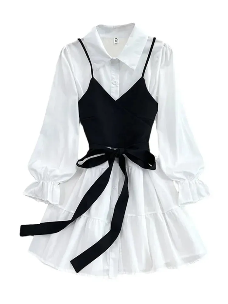 Bonnyshow Spring Autumn New Fashion Casual Suit Female Korean Loose White Shirt Dress Slim Vest Dress Two-piece Set GD786