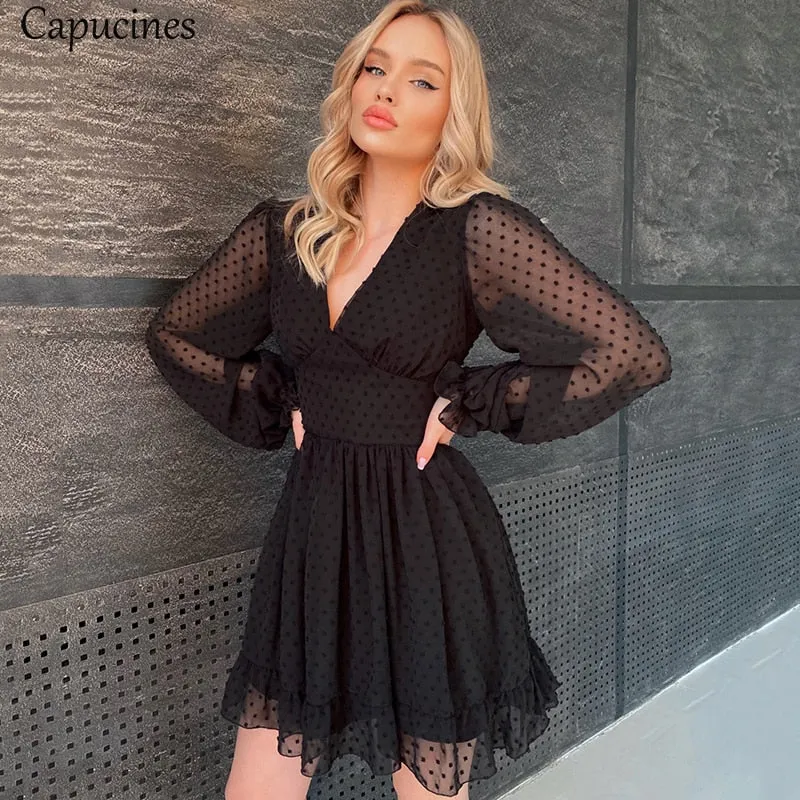 Capucines Sexy Deep V Neck Swiss Dot Chiffon Dress Summer Women Ruffles Trim Lantern Sleeve A Line Mini Dresses Vestidos 2021
