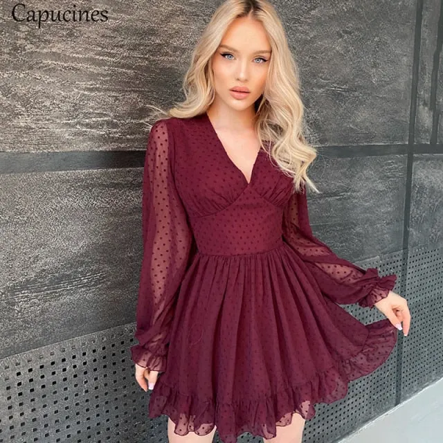 Capucines Sexy Deep V Neck Swiss Dot Chiffon Dress Summer Women Ruffles Trim Lantern Sleeve A Line Mini Dresses Vestidos 2021