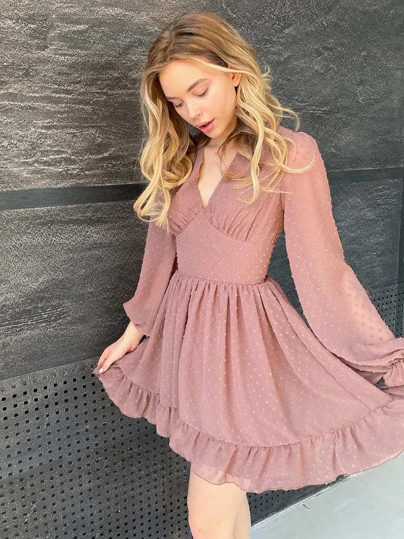 Capucines Sexy Deep V Neck Swiss Dot Chiffon Dress Summer Women Ruffles Trim Lantern Sleeve A Line Mini Dresses Vestidos 2021