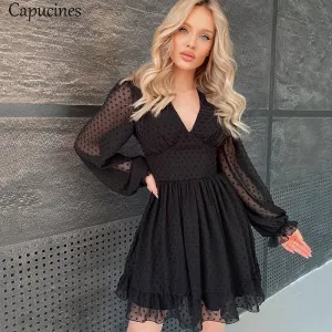 Capucines Sexy Deep V Neck Swiss Dot Chiffon Dress Summer Women Ruffles Trim Lantern Sleeve A Line Mini Dresses Vestidos 2021
