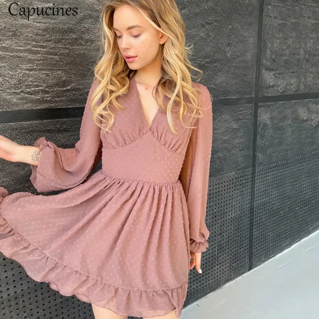 Capucines Sexy Deep V Neck Swiss Dot Chiffon Dress Summer Women Ruffles Trim Lantern Sleeve A Line Mini Dresses Vestidos 2021