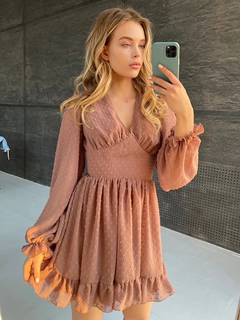 Capucines Sexy Deep V Neck Swiss Dot Chiffon Dress Summer Women Ruffles Trim Lantern Sleeve A Line Mini Dresses Vestidos 2021