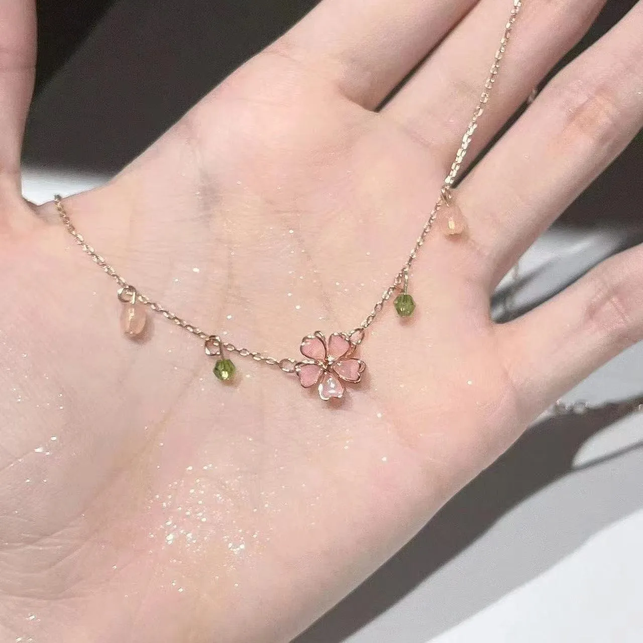 Charming Pink Crystal Flower Charm Necklace