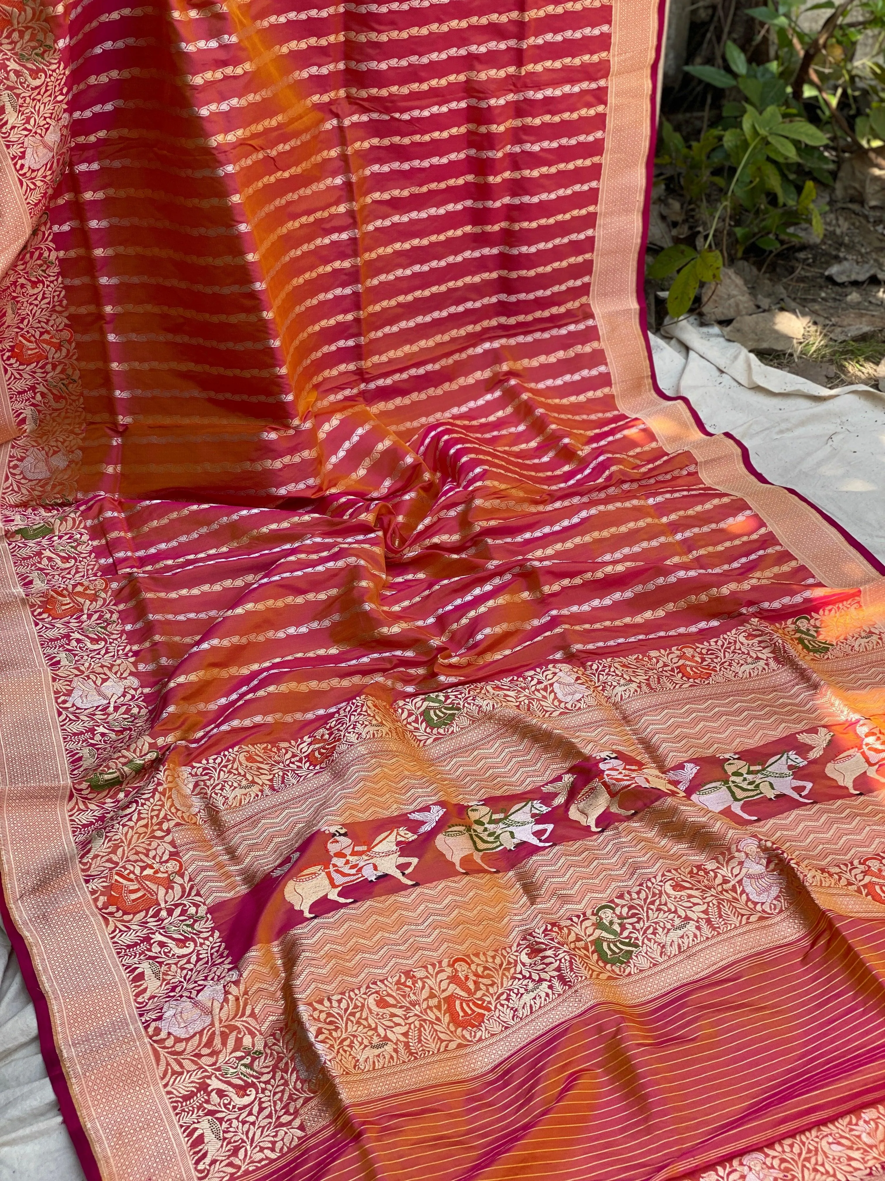 Charming Pink Short Color Banarasi Silk Saree with Shikargaah Weave and Kadhwa Sona Rupa Stripes