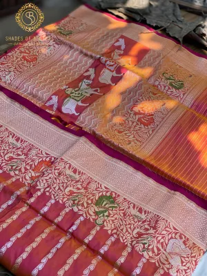 Charming Pink Short Color Banarasi Silk Saree with Shikargaah Weave and Kadhwa Sona Rupa Stripes
