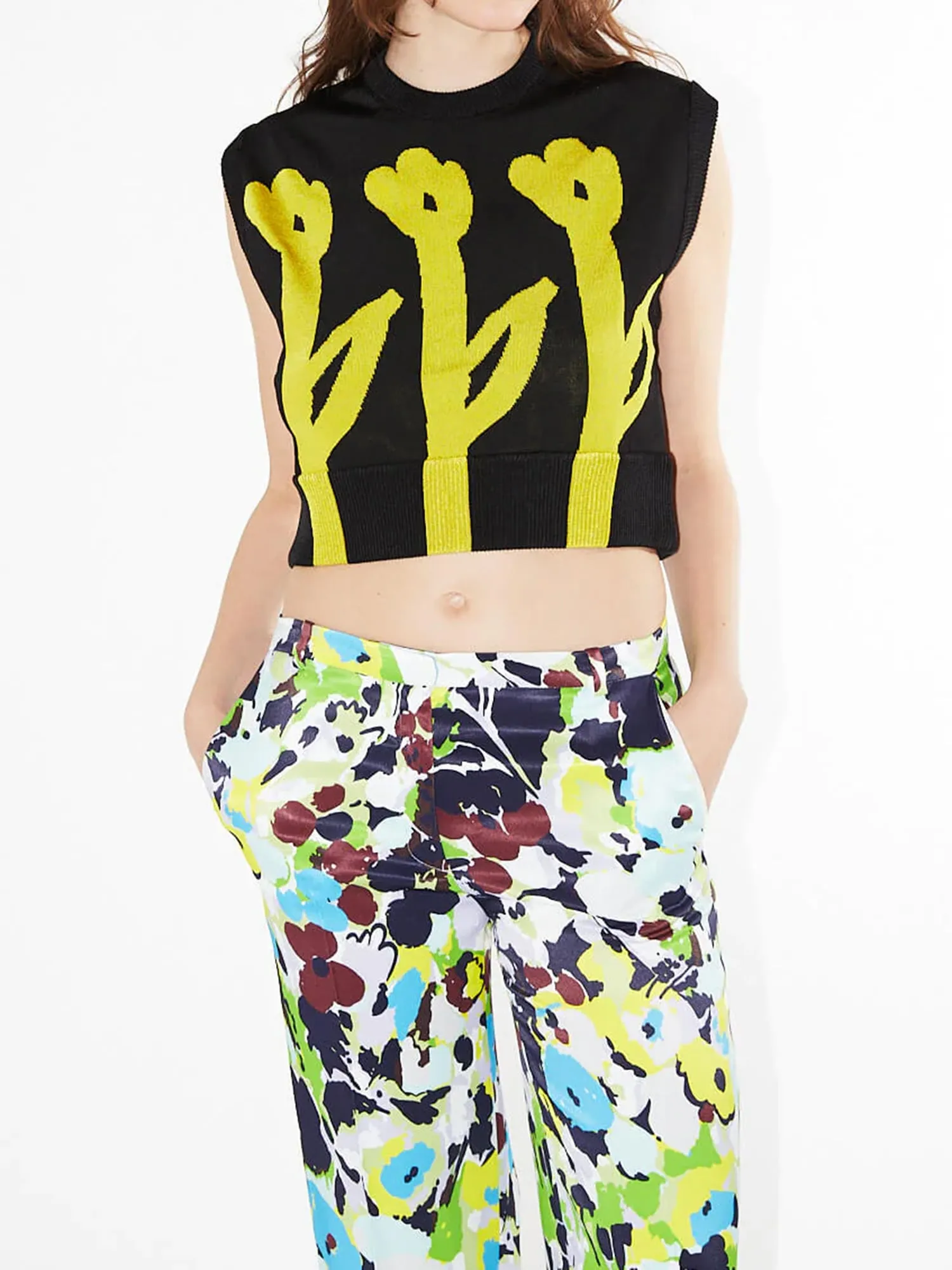 Cropped Flower Jacquard Vest Black/Yellow