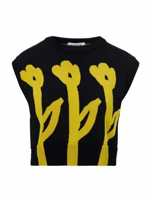 Cropped Flower Jacquard Vest Black/Yellow