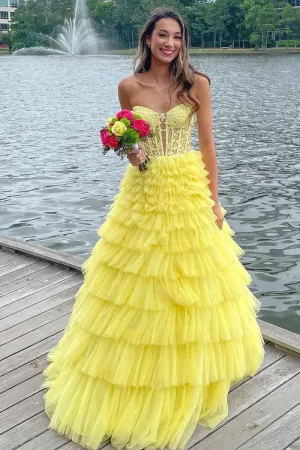 Cute Yellow Sweetheart Ruffle Tiered Tulle Long Prom Dresses VK0731155