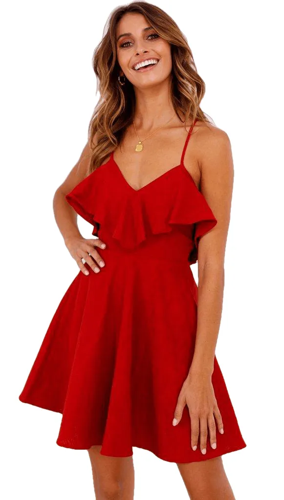 Drawstring Ruffles Bundle Waist V-Neck Strap Mini Dress