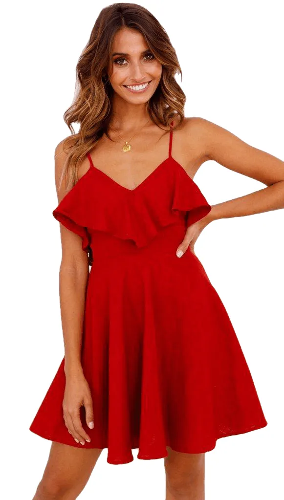 Drawstring Ruffles Bundle Waist V-Neck Strap Mini Dress