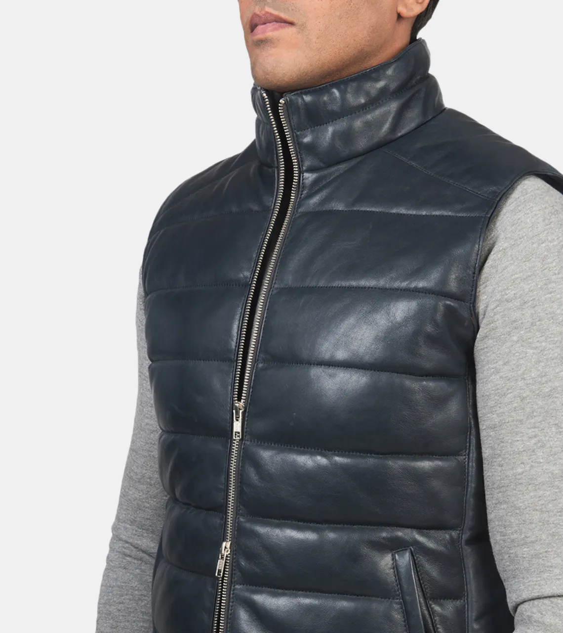 Flecher Men's Blue Puffer Leather Vest