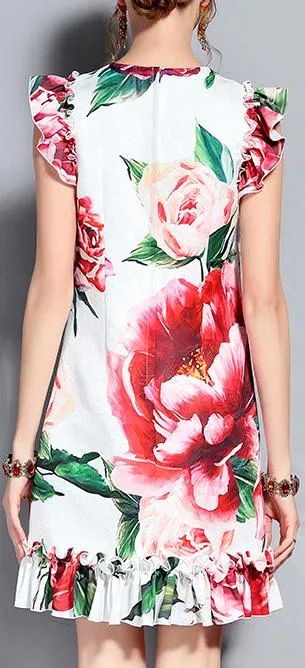 Floral Appliques Printed Ruffle-Trim Dress