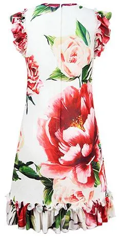 Floral Appliques Printed Ruffle-Trim Dress