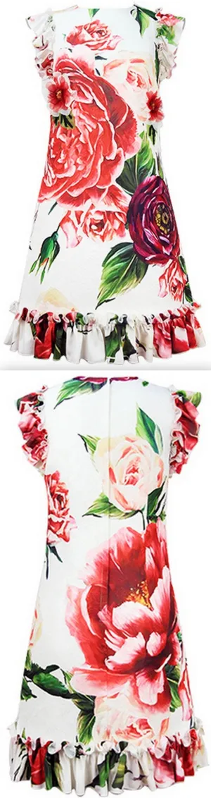 Floral Appliques Printed Ruffle-Trim Dress
