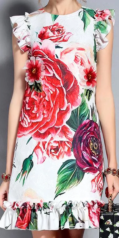 Floral Appliques Printed Ruffle-Trim Dress