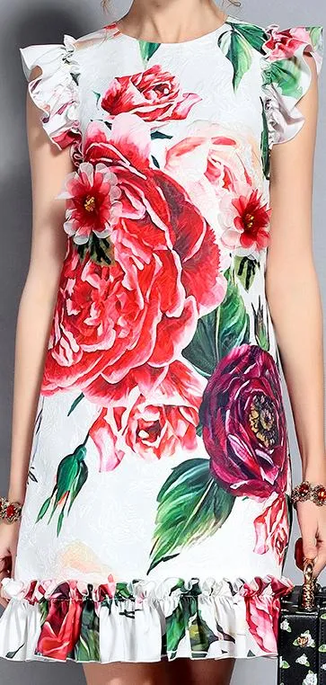 Floral Appliques Printed Ruffle-Trim Dress