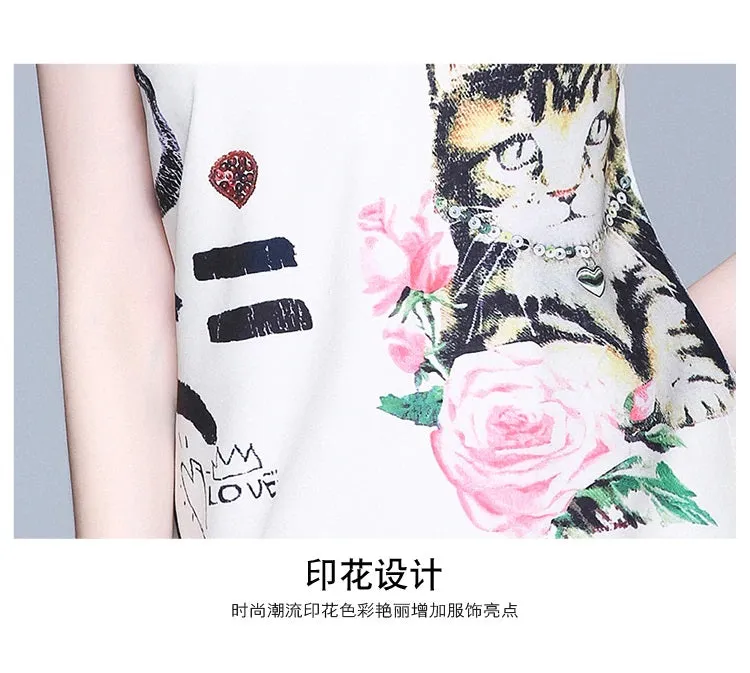 Floral Printed Cute Cat Sleeveless Casual Dresses Vestidos