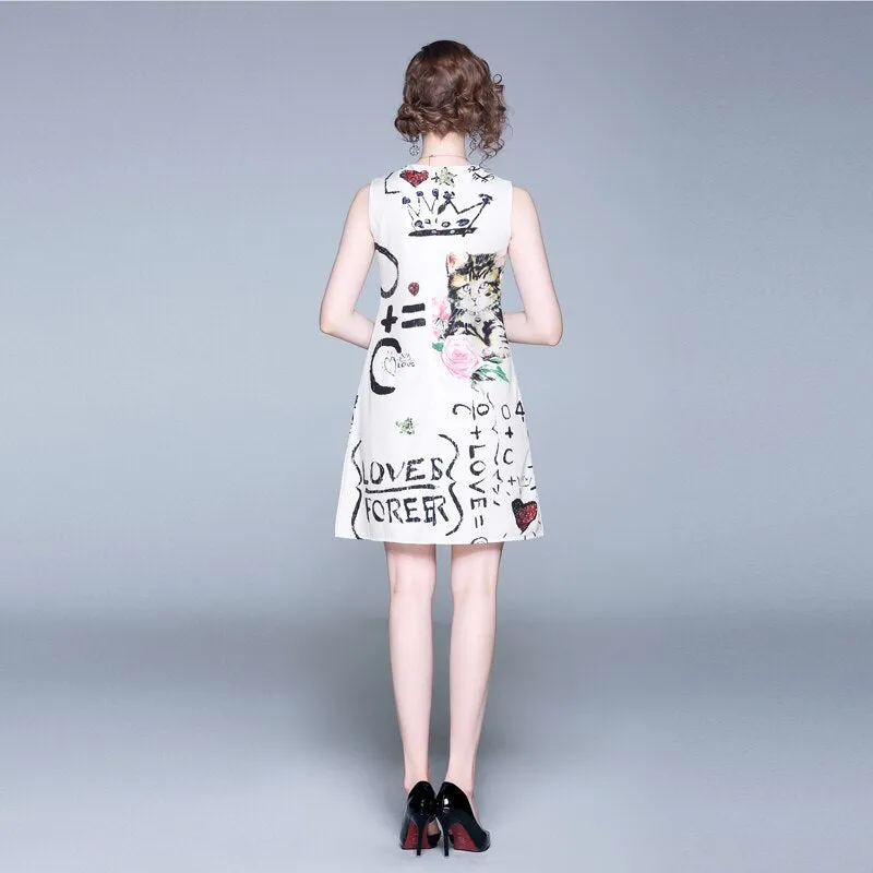 Floral Printed Cute Cat Sleeveless Casual Dresses Vestidos
