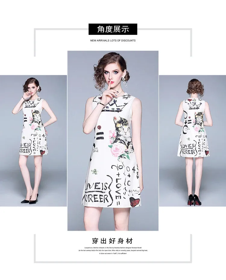 Floral Printed Cute Cat Sleeveless Casual Dresses Vestidos