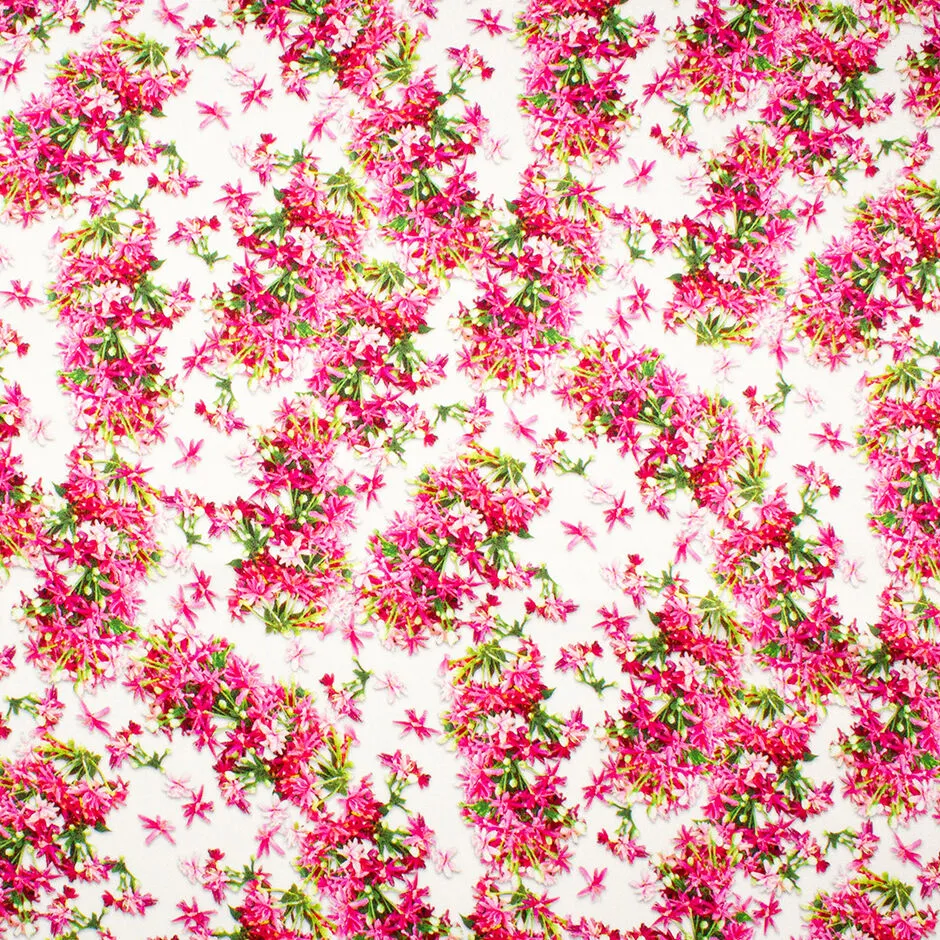 Fuchsia Pink Floral Printed White Double Silk Satin Crêpe