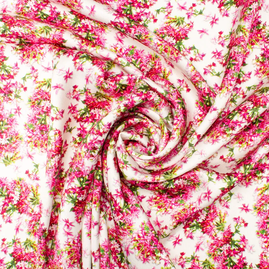 Fuchsia Pink Floral Printed White Double Silk Satin Crêpe
