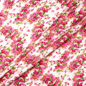 Fuchsia Pink Floral Printed White Double Silk Satin Crêpe