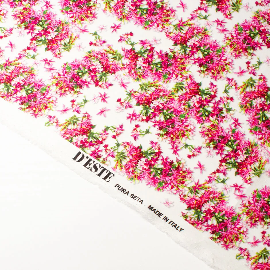 Fuchsia Pink Floral Printed White Double Silk Satin Crêpe