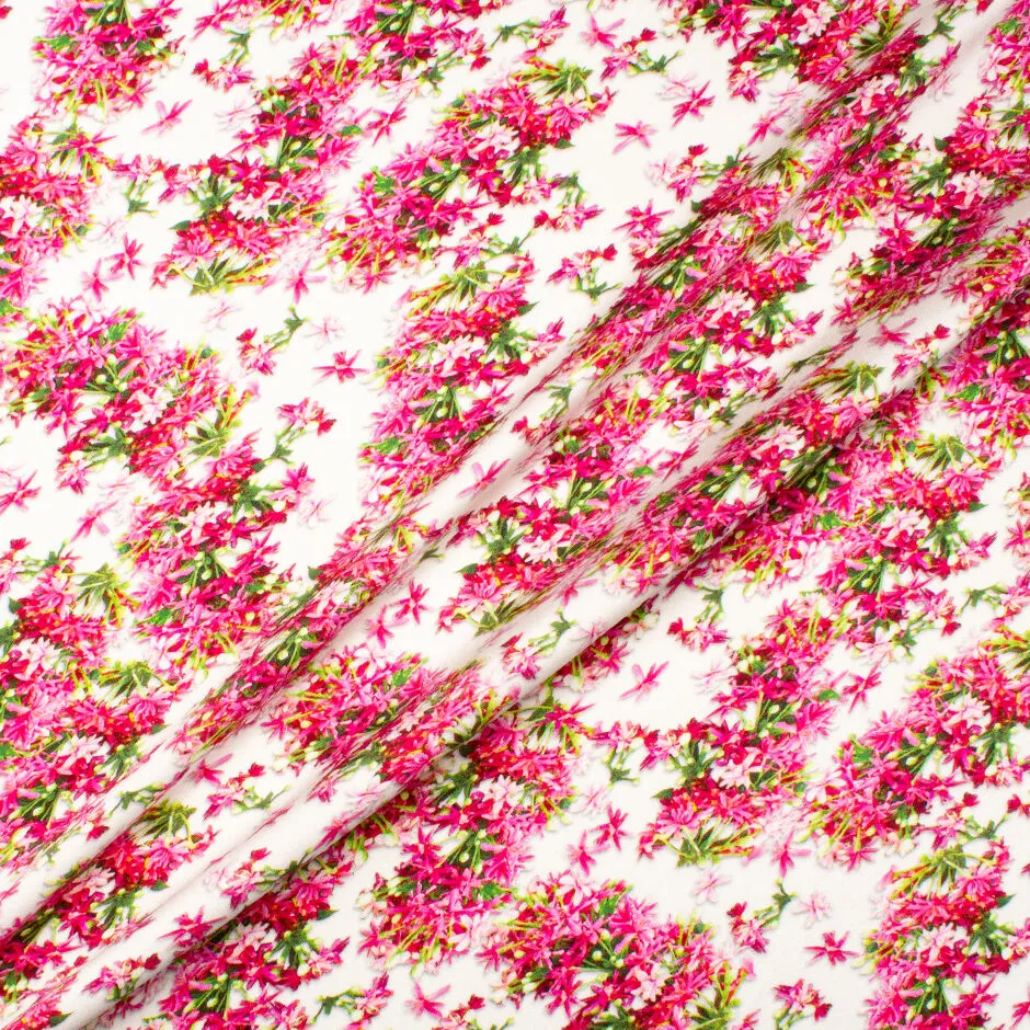 Fuchsia Pink Floral Printed White Double Silk Satin Crêpe