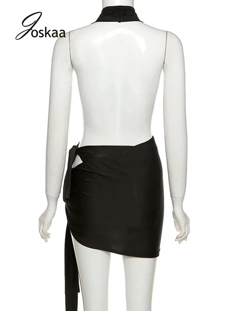 Joskaa Line Up 2 Pieces Set Bodycon Sexy Backless Sleeveless Club Tracksuit New Outfits For Women Summer Skirt Set Clubwear