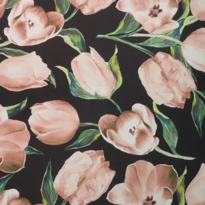 Light Pink Floral on Black Background Printed Polyester Mikado Fabric