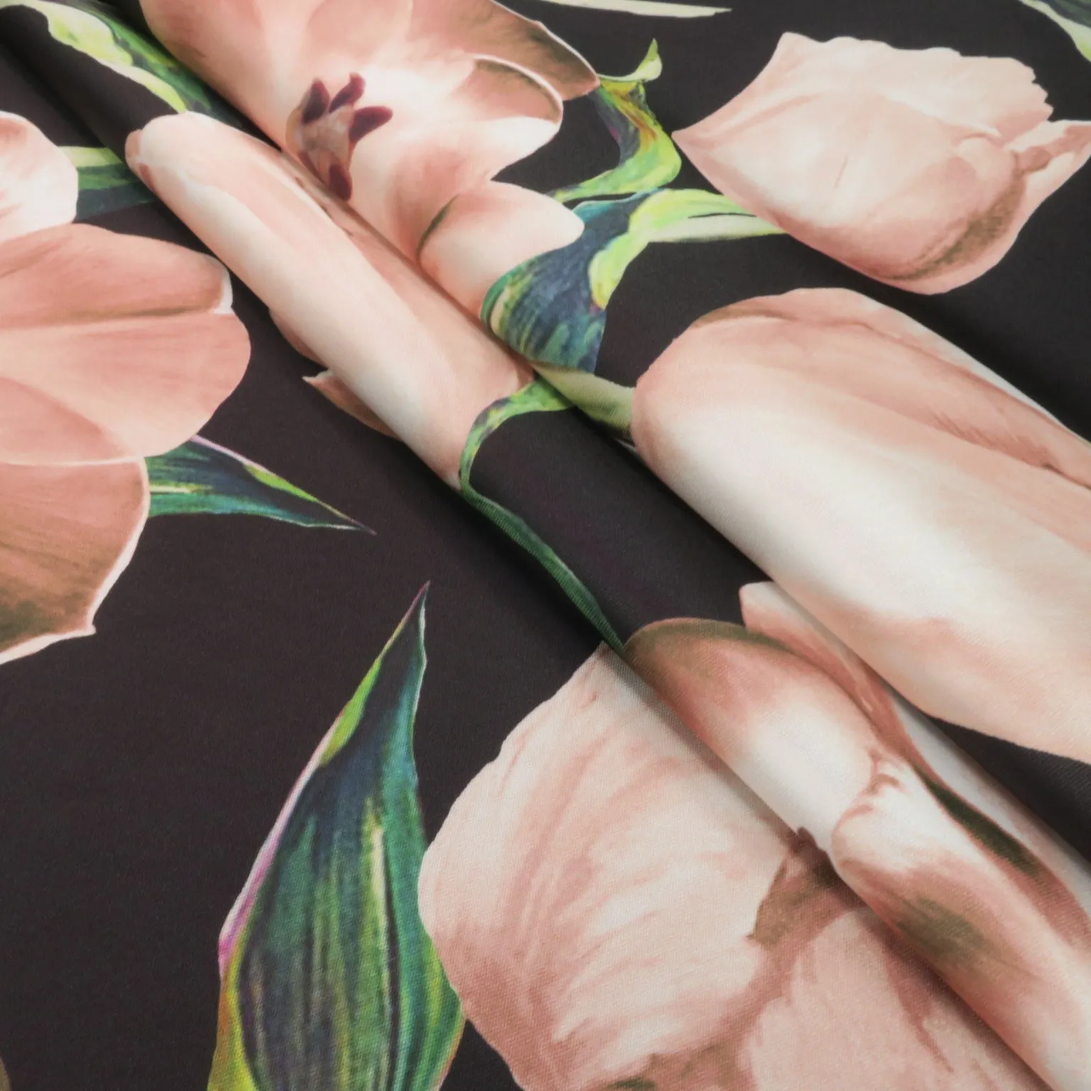 Light Pink Floral on Black Background Printed Polyester Mikado Fabric