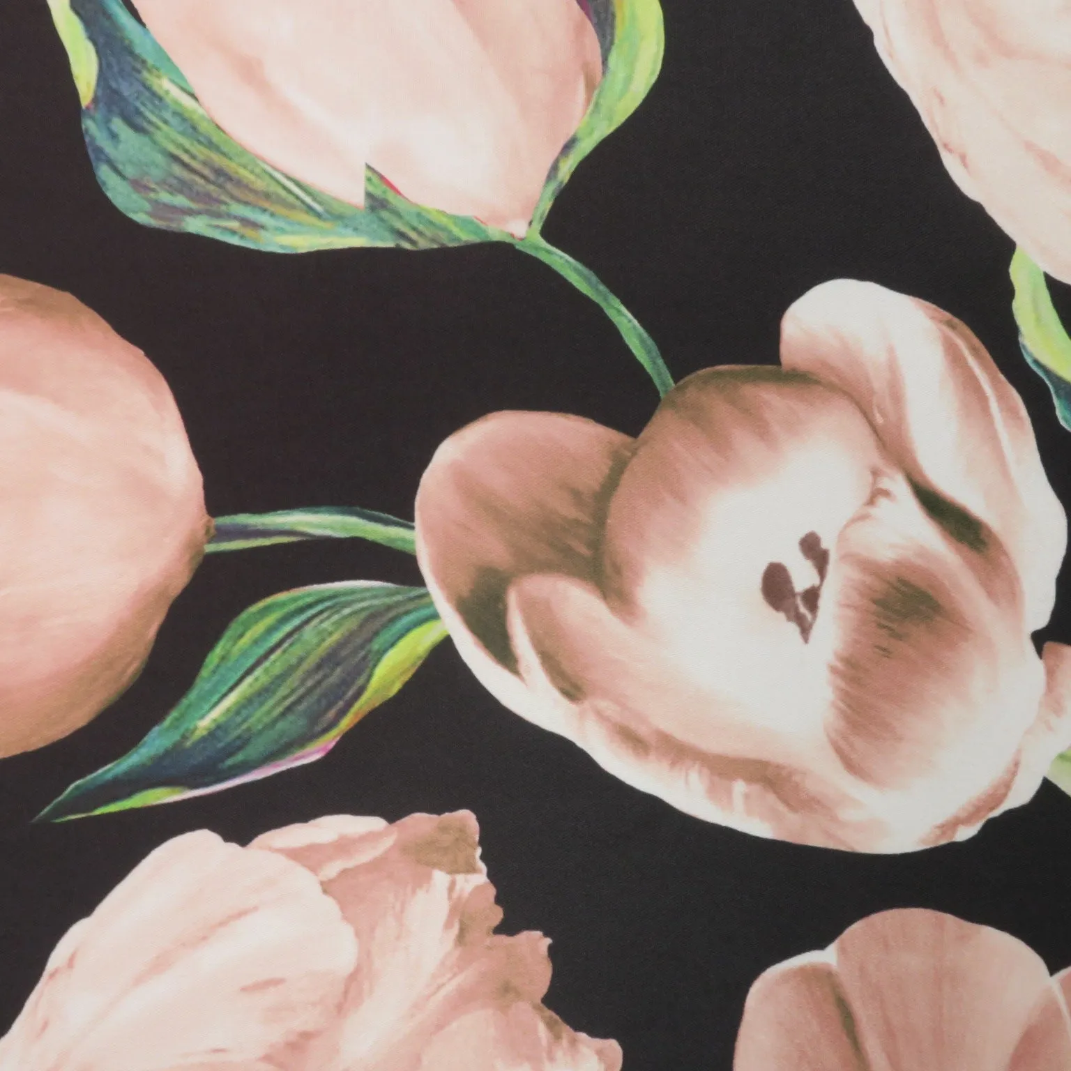 Light Pink Floral on Black Background Printed Polyester Mikado Fabric