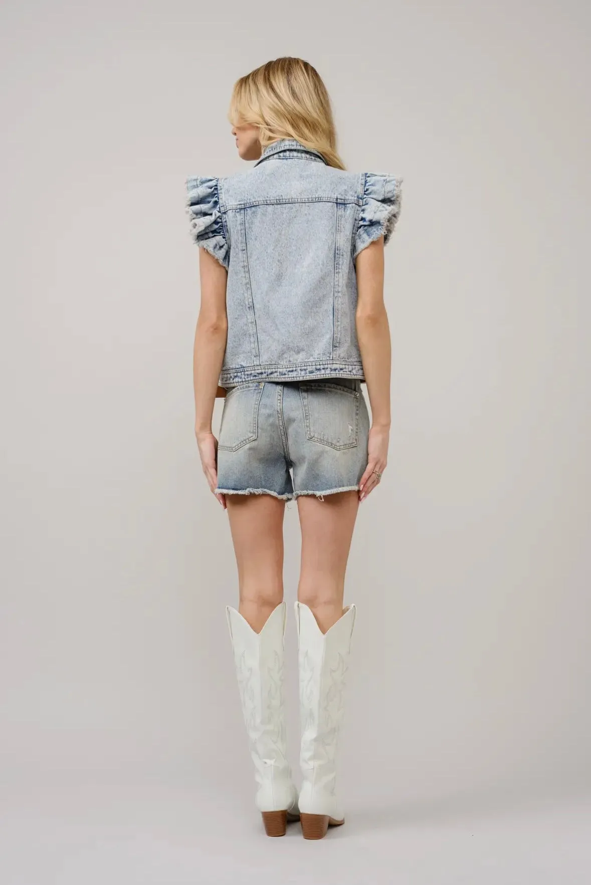 Light Washed Ruffle Sleeve Button-Up Denim Vest